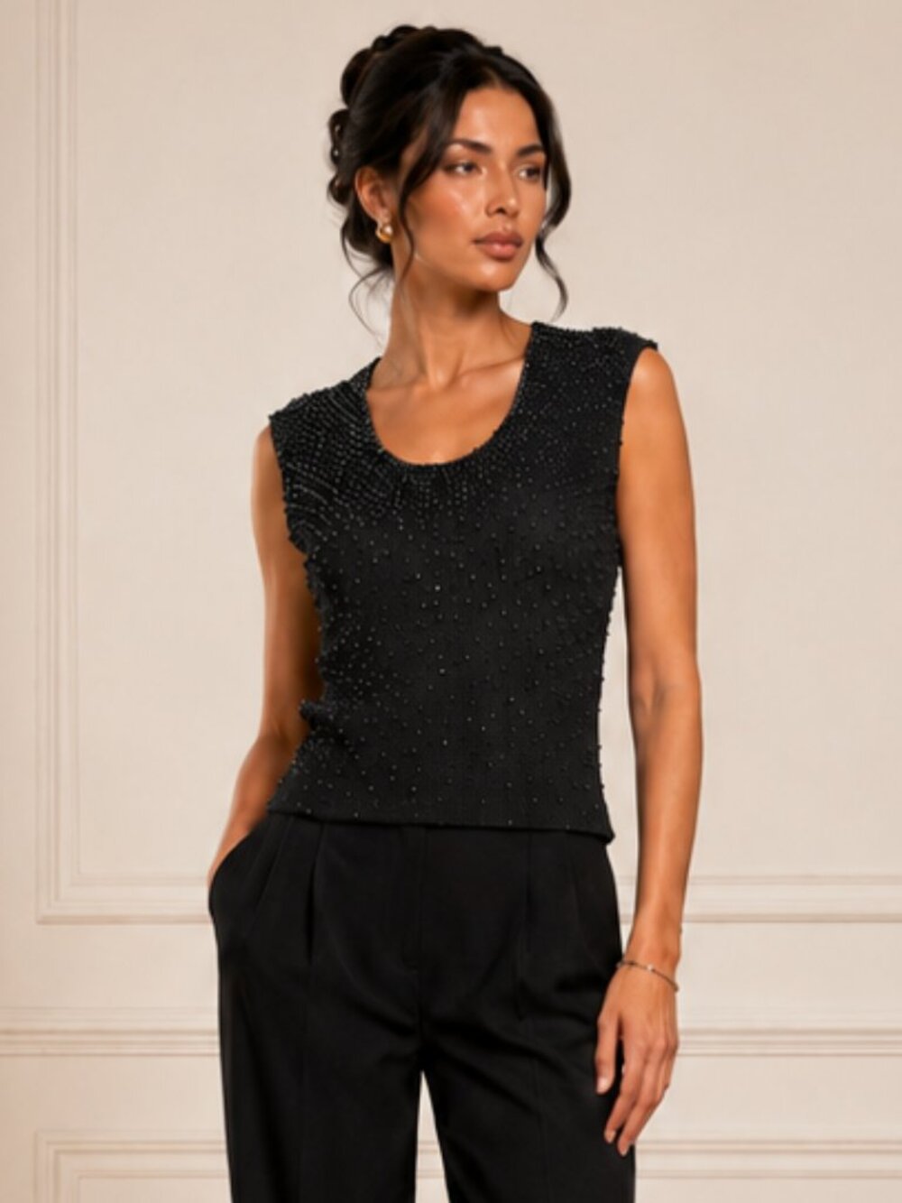 VTG Talk Of The Walk Beaded Sleeveless Sweater Blouse Black Size S M L